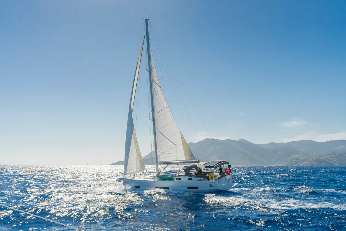 Exterior view of Deniz Derin, a Dufour 470 sailboat at Fethiye, Turkey