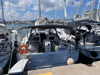 Cockpit of Stilvi, a Jeanneau Sun Odyssey 410 sailboat at Loutraki, Greece
