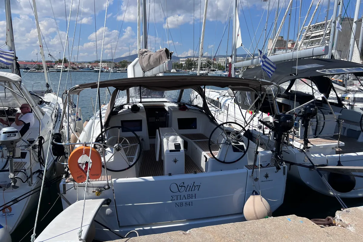 Cockpit of Stilvi, a Jeanneau Sun Odyssey 410 sailboat at Loutraki, Greece