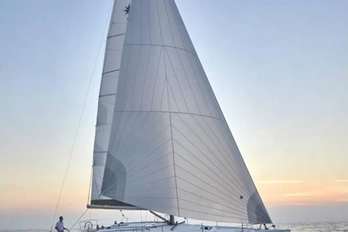 Exterior view of Stilvi, a Jeanneau Sun Odyssey 410 sailboat at Loutraki, Greece