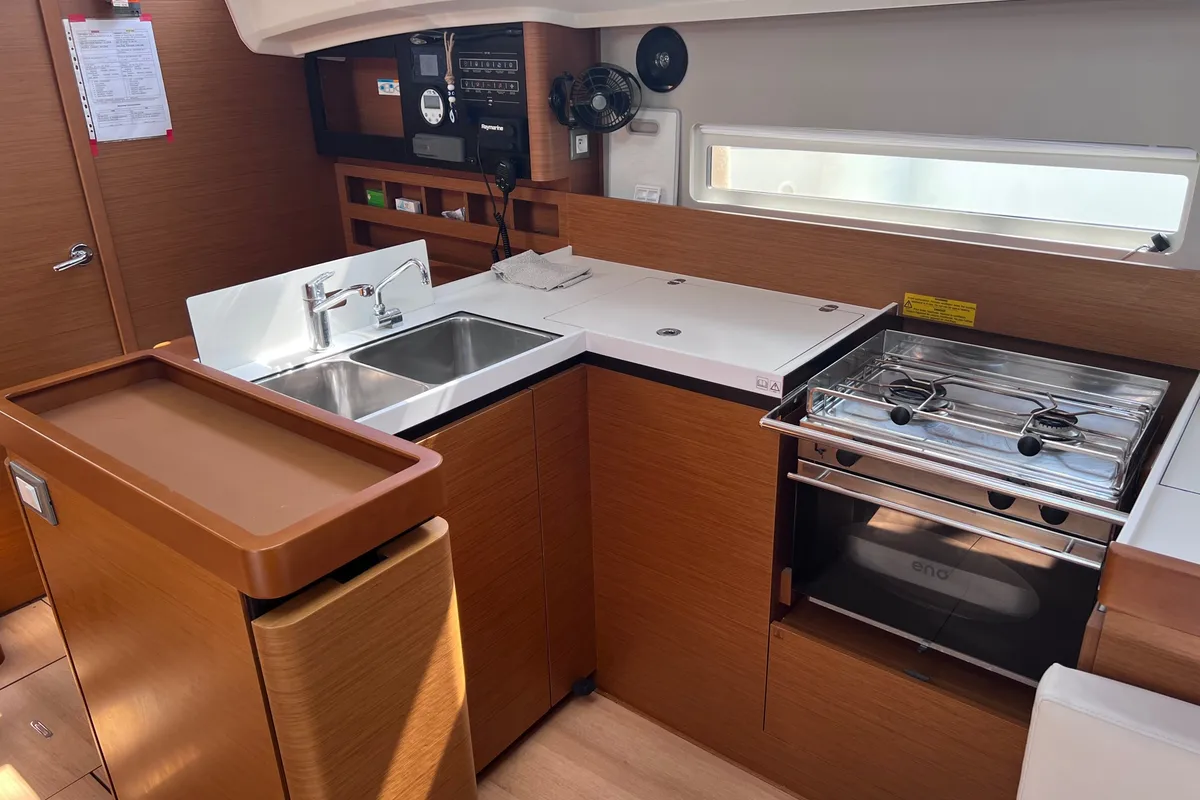 Galley of Stilvi, a Jeanneau Sun Odyssey 410 sailboat at Loutraki, Greece