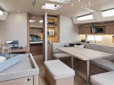 Salon of Sunsail 46 Mon Premium, a Beneteau Oceanis 46 sailboat at Kontokali, Greece