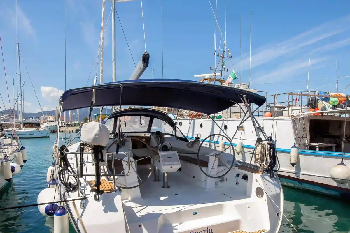 Cockpit of Baaria, a Bavaria 46 Cruiser sailboat at Palermo, Italy