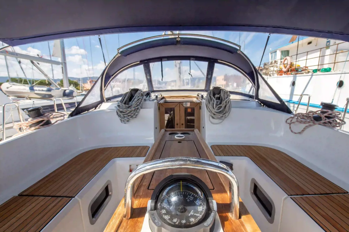 Cockpit of Baaria, a Bavaria 46 Cruiser sailboat at Palermo, Italy