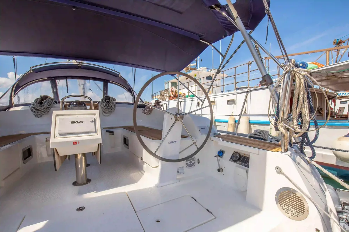 Cockpit of Baaria, a Bavaria 46 Cruiser sailboat at Palermo, Italy