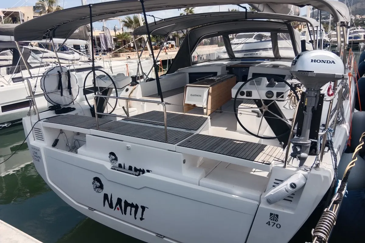 Cockpit of Nami, a Dufour 470 sailboat at Dénia, Spain