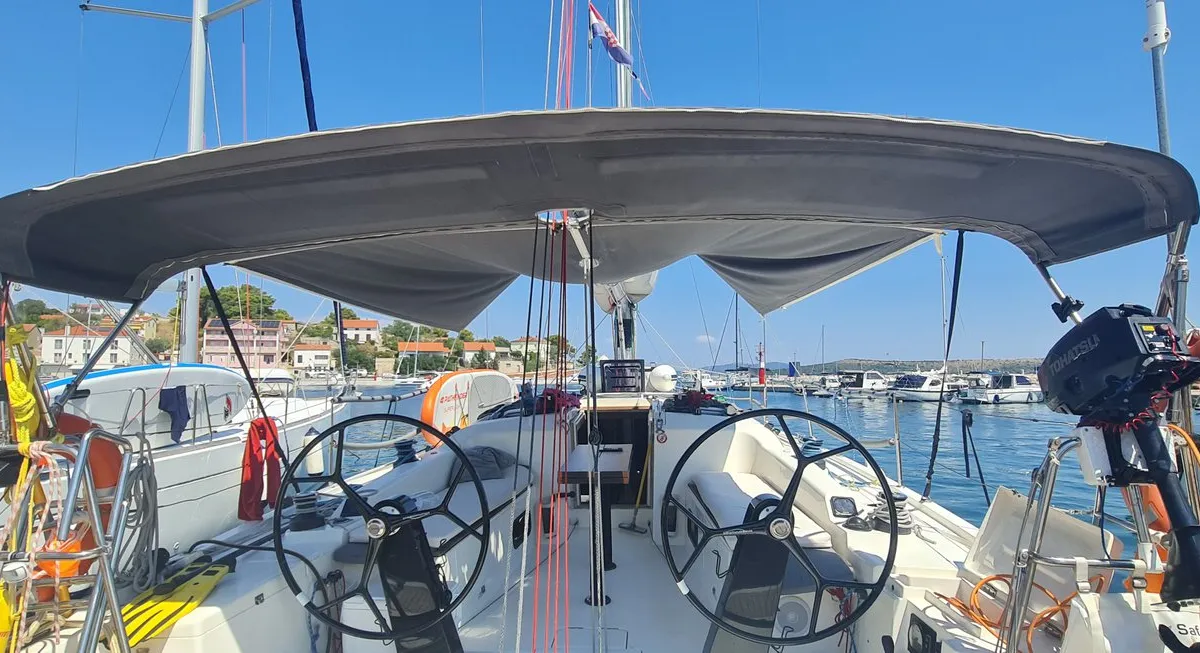 Cockpit of One More Time, a More 40 sailboat at Pula, Croatia
