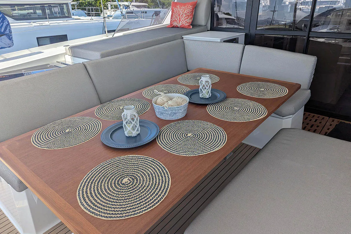 Deck of V Circle, a Fountaine Pajot Aura 51 catamaran at Roche Caiman, Seychelles