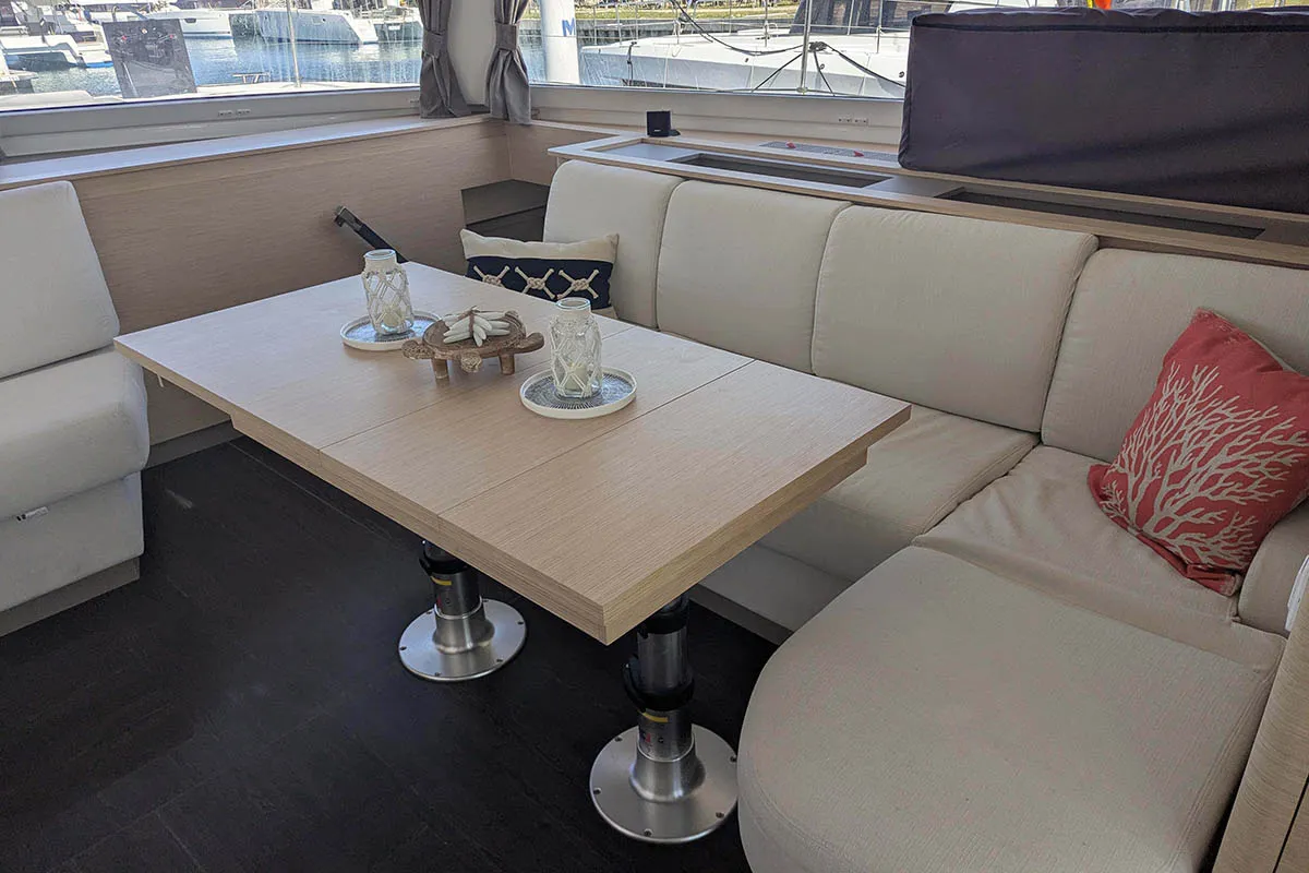 Salon of V Circle, a Fountaine Pajot Aura 51 catamaran at Roche Caiman, Seychelles
