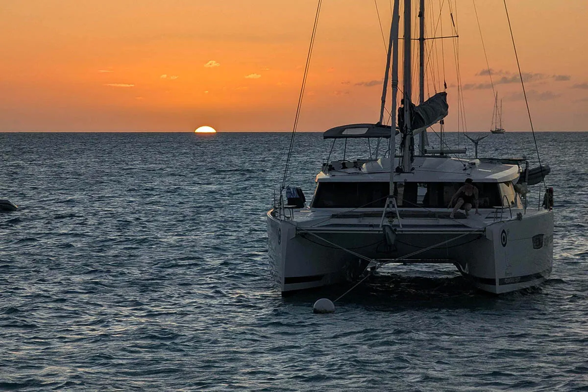 Exterior view of V Circle, a Fountaine Pajot Aura 51 catamaran at Roche Caiman, Seychelles