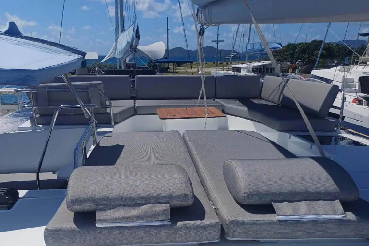 Deck of V Circle, a Fountaine Pajot Aura 51 catamaran at Roche Caiman, Seychelles