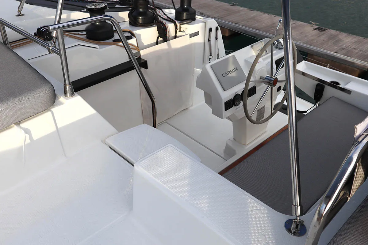 Cockpit of V Circle, a Fountaine Pajot Aura 51 catamaran at Roche Caiman, Seychelles