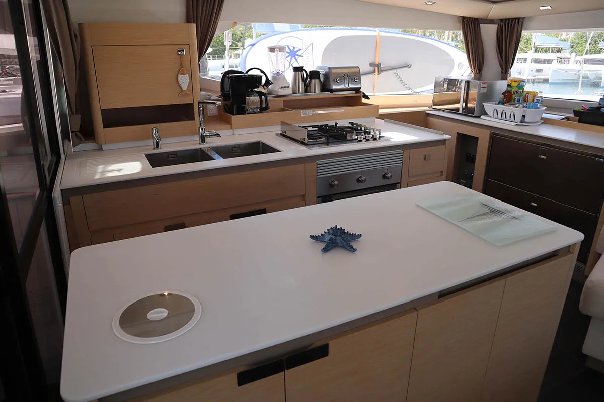 Galley of V Circle, a Fountaine Pajot Aura 51 catamaran at Roche Caiman, Seychelles