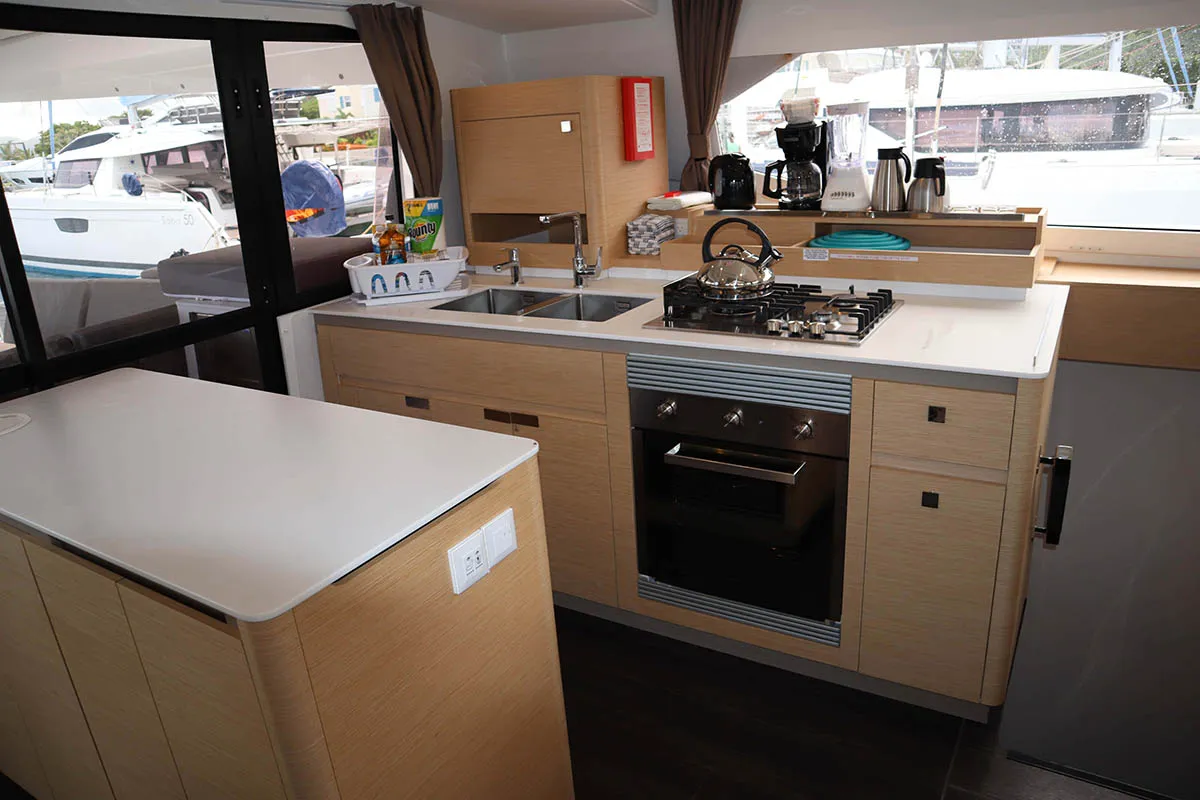 Galley of V Circle, a Fountaine Pajot Aura 51 catamaran at Roche Caiman, Seychelles
