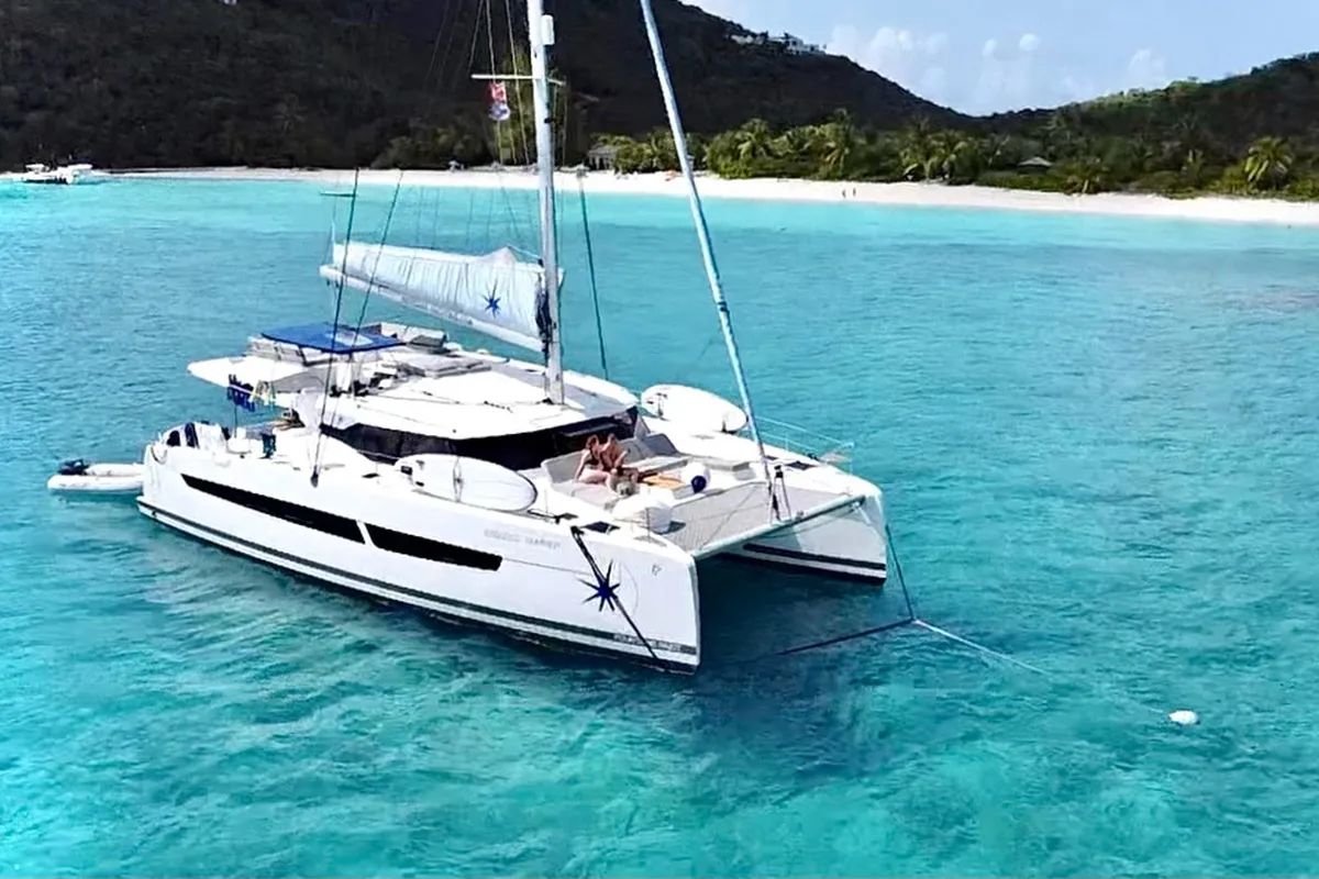 Exterior view of V Circle, a Fountaine Pajot Aura 51 catamaran at Roche Caiman, Seychelles