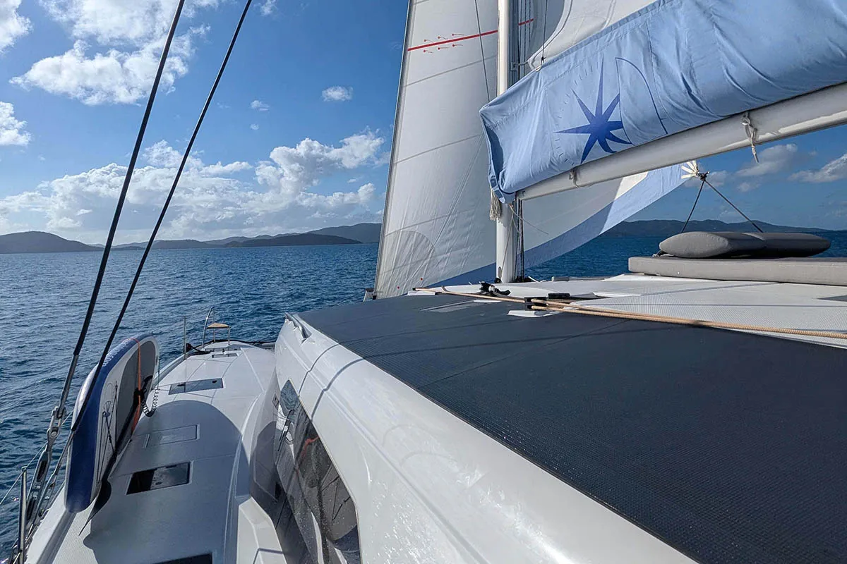 Deck of V Circle, a Fountaine Pajot Aura 51 catamaran at Roche Caiman, Seychelles