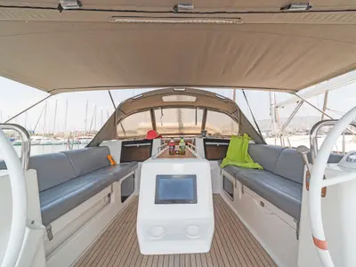 Cockpit of Carpe Diem, a Dufour 460 Grand Large sailboat at Municipal Unit of Lefkada, Greece