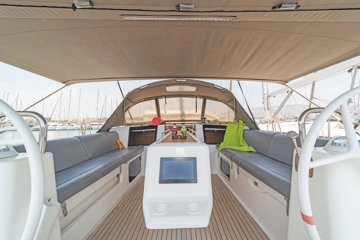 Cockpit of Carpe Diem, a Dufour 460 Grand Large sailboat at Municipal Unit of Lefkada, Greece