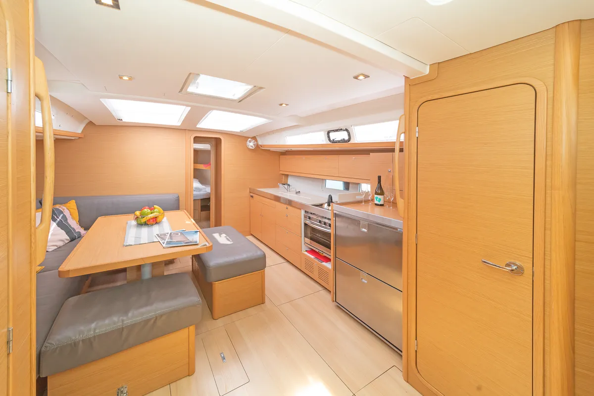 Galley of Carpe Diem, a Dufour 460 Grand Large sailboat at Municipal Unit of Lefkada, Greece