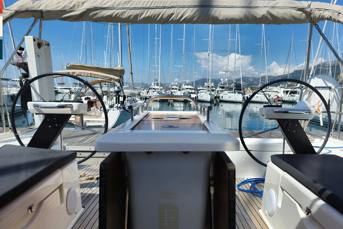 Cockpit of Vivo, a Dufour 430 GL sailboat at Kaštela, Croatia