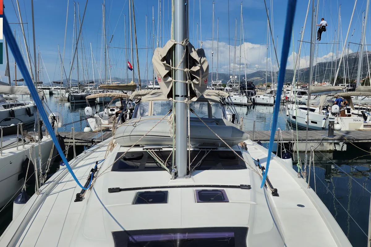 Deck of Vivo, a Dufour 430 GL sailboat at Kaštela, Croatia