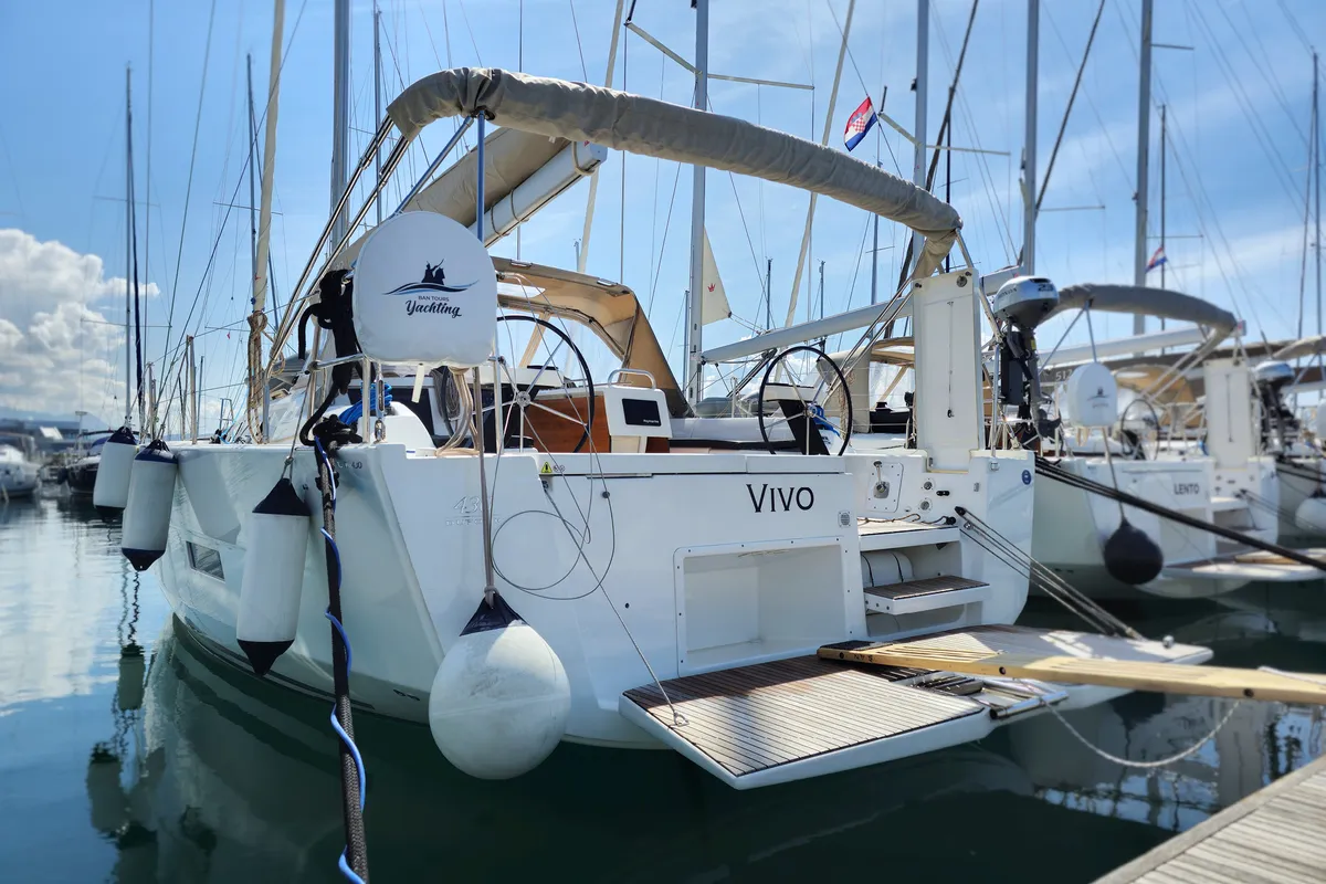 Exterior view of Vivo, a Dufour 430 GL sailboat at Kaštela, Croatia