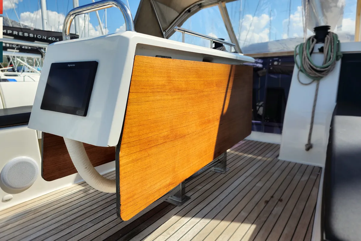 Cockpit of Vivo, a Dufour 430 GL sailboat at Kaštela, Croatia