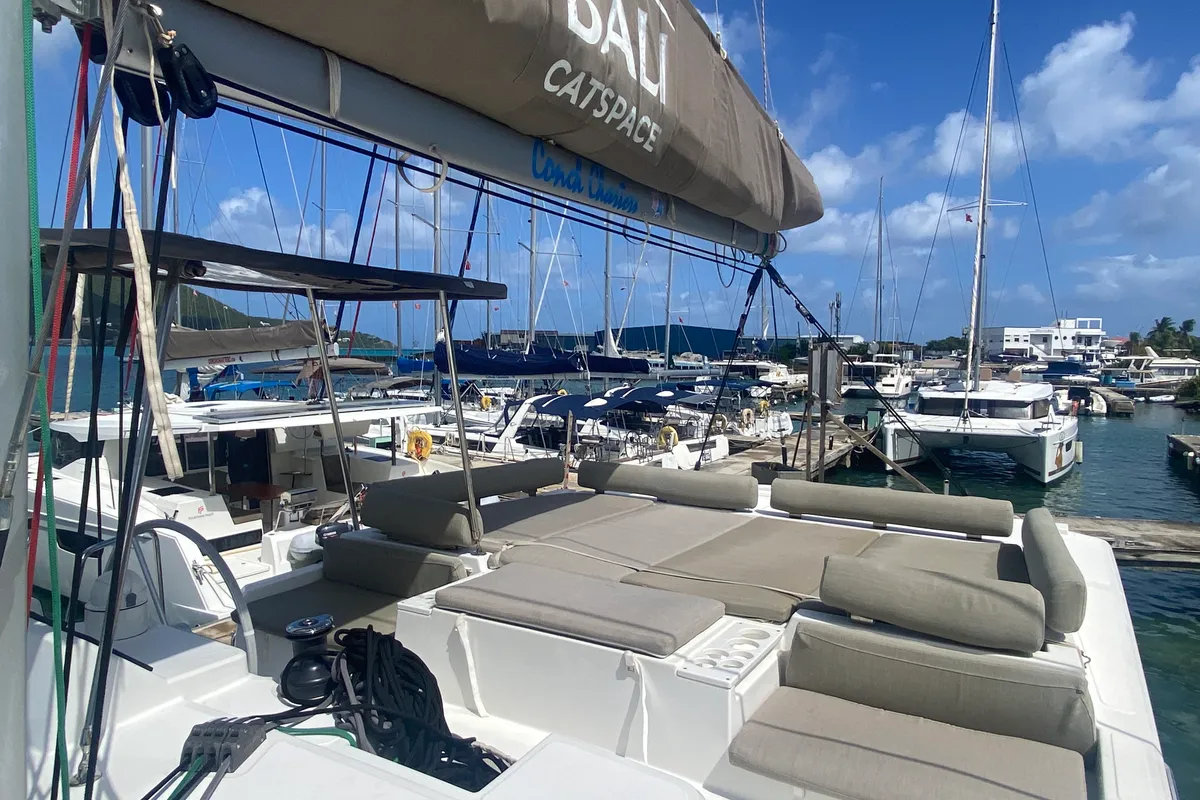 Deck of Windermere, a Bali Catspace catamaran at Road Town, British Virgin Islands