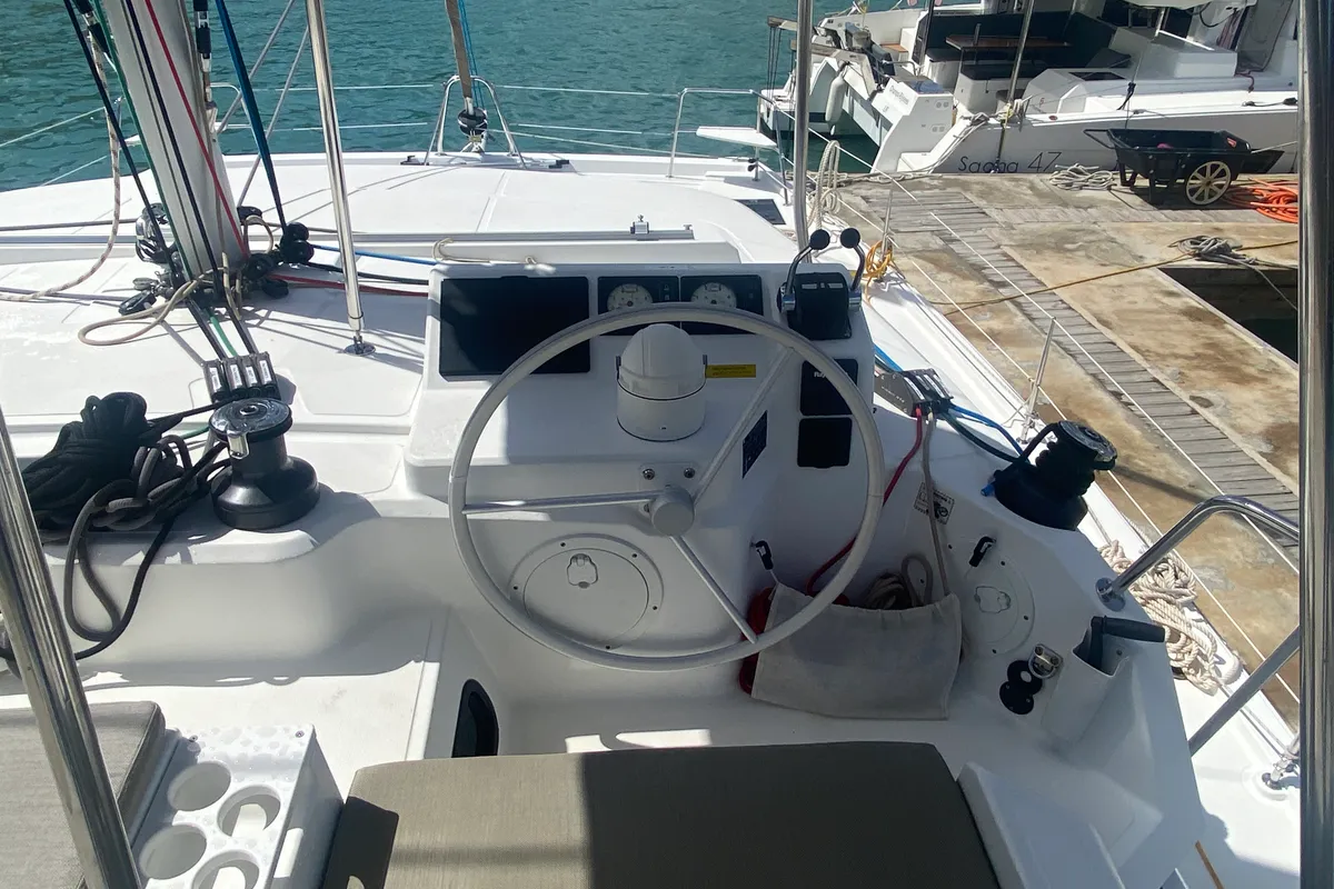 Cockpit of Windermere, a Bali Catspace catamaran at Road Town, British Virgin Islands