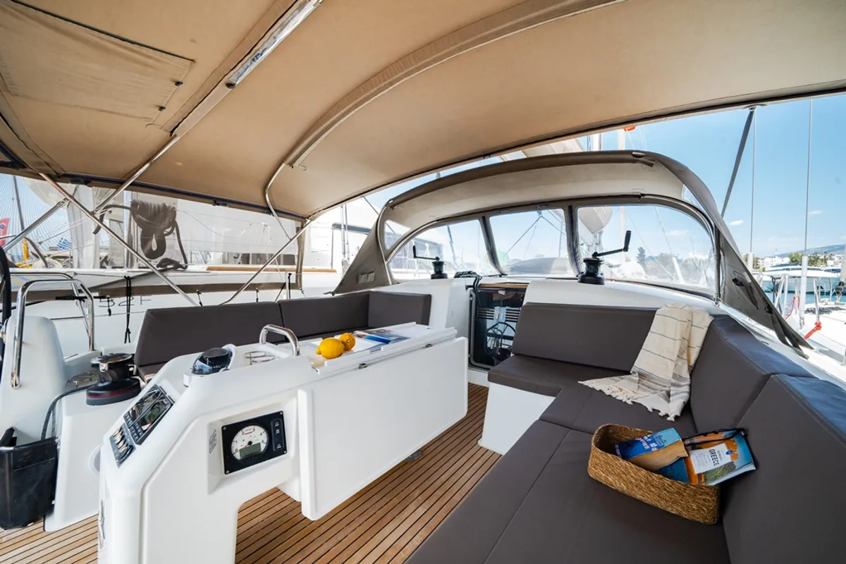 Cockpit of Calma, a Jeanneau Sun Odyssey 490 sailboat at Municipal Unit of Nea Peramos, Greece
