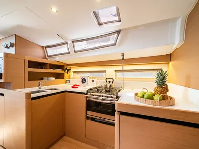 Galley of Calma, a Jeanneau Sun Odyssey 490 sailboat at Municipal Unit of Nea Peramos, Greece