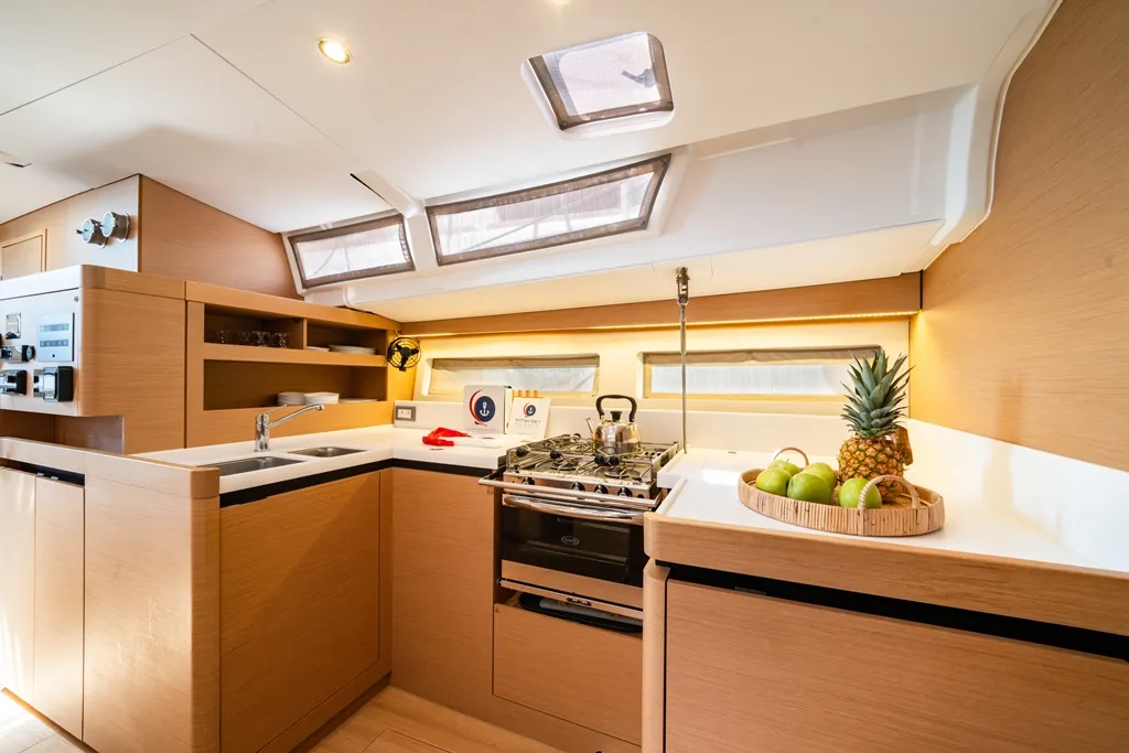 Galley of Calma, a Jeanneau Sun Odyssey 490 sailboat at Municipal Unit of Nea Peramos, Greece