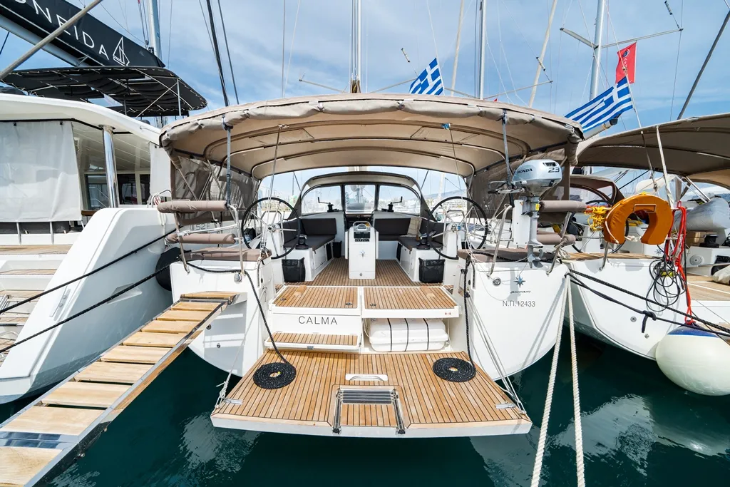 Deck of Calma, a Jeanneau Sun Odyssey 490 sailboat at Municipal Unit of Nea Peramos, Greece