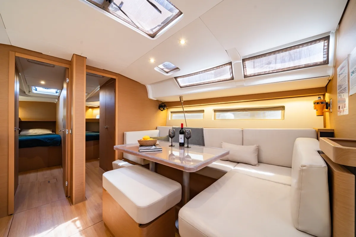 Salon of Calma, a Jeanneau Sun Odyssey 490 sailboat at Municipal Unit of Nea Peramos, Greece