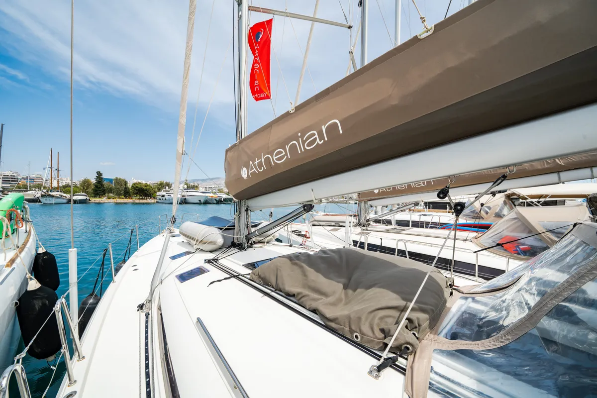 Deck of Calma, a Jeanneau Sun Odyssey 490 sailboat at Municipal Unit of Nea Peramos, Greece