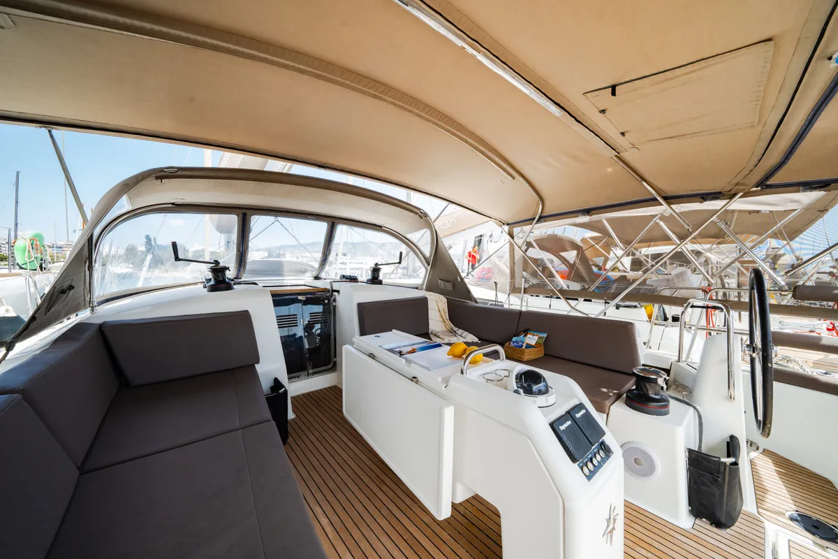 Deck of Calma, a Jeanneau Sun Odyssey 490 sailboat at Municipal Unit of Nea Peramos, Greece