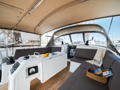 Deck of Calma, a Jeanneau Sun Odyssey 490 sailboat at Municipal Unit of Nea Peramos, Greece