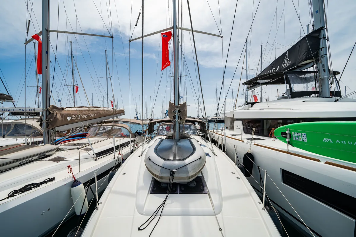 Exterior view of Calma, a Jeanneau Sun Odyssey 490 sailboat at Municipal Unit of Nea Peramos, Greece