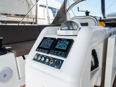 Cockpit of Calma, a Jeanneau Sun Odyssey 490 sailboat at Municipal Unit of Nea Peramos, Greece