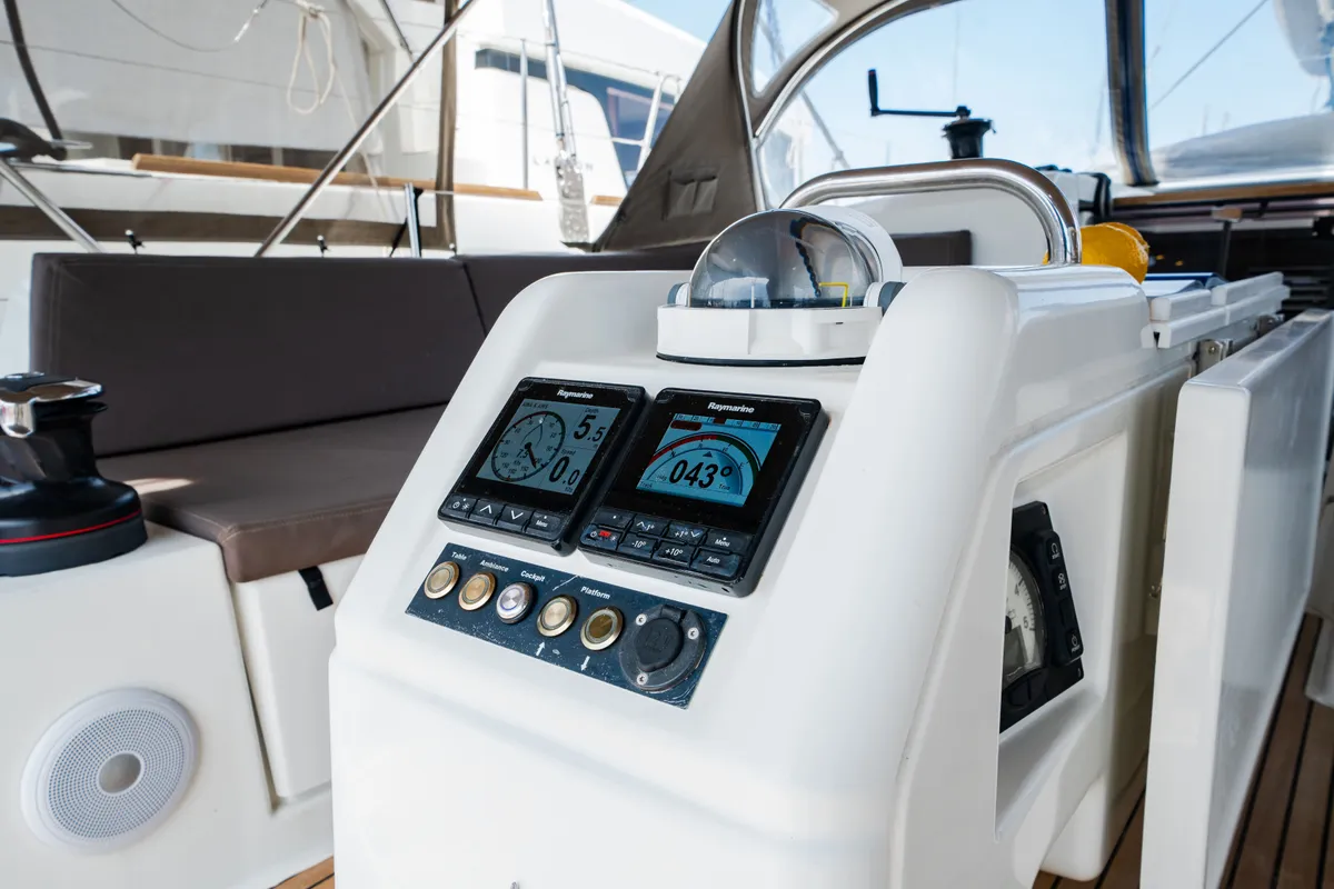 Cockpit of Calma, a Jeanneau Sun Odyssey 490 sailboat at Municipal Unit of Nea Peramos, Greece