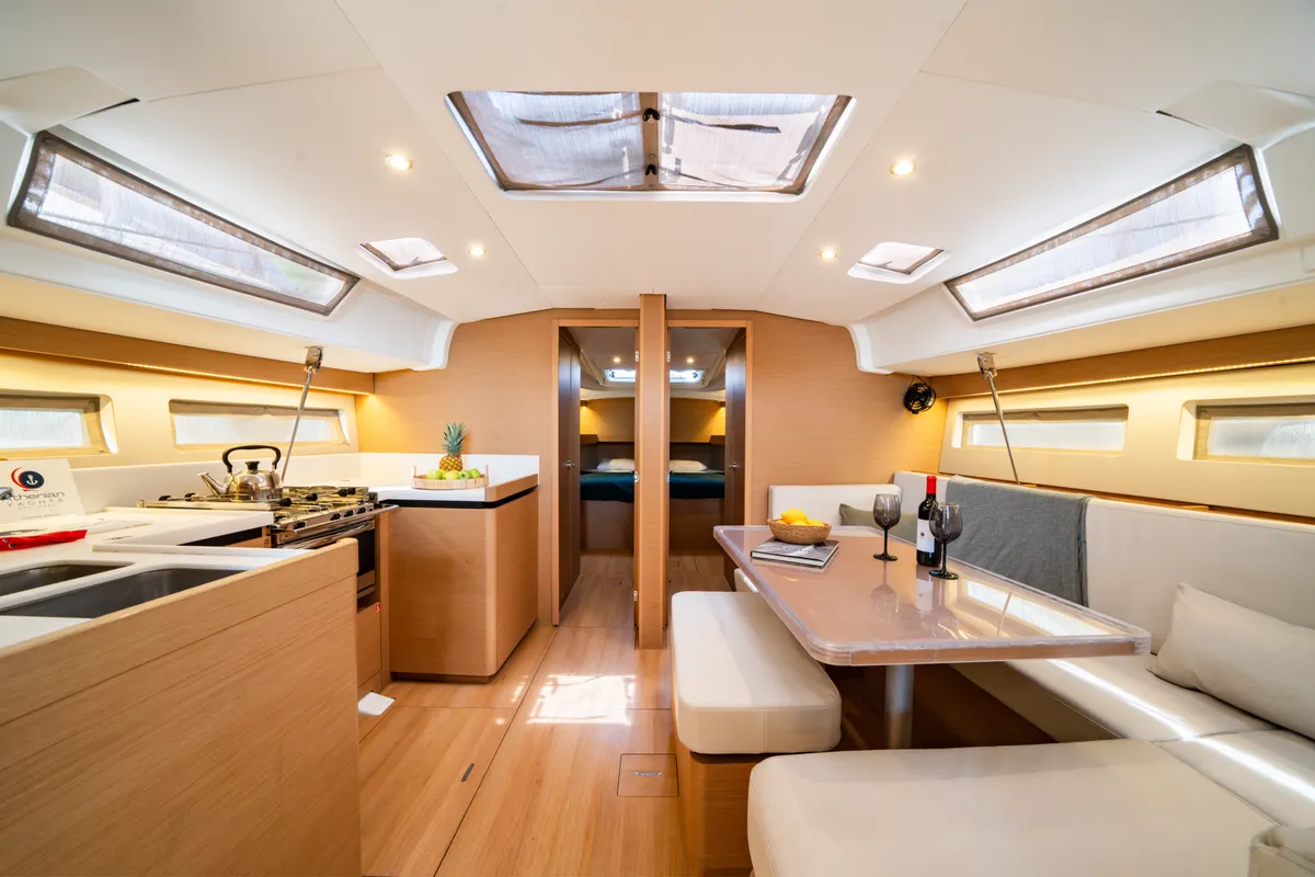 Salon of Calma, a Jeanneau Sun Odyssey 490 sailboat at Municipal Unit of Nea Peramos, Greece