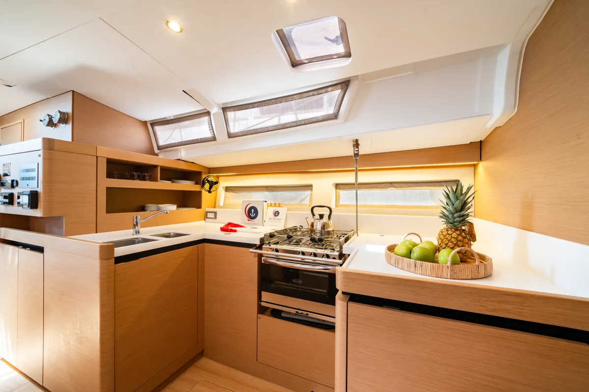 Galley of Calma, a Jeanneau Sun Odyssey 490 sailboat at Municipal Unit of Nea Peramos, Greece