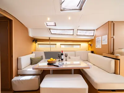 Salon of Calma, a Jeanneau Sun Odyssey 490 sailboat at Municipal Unit of Nea Peramos, Greece