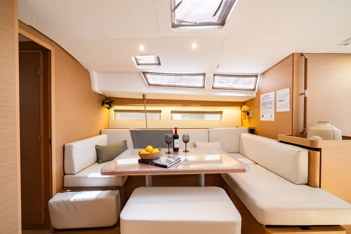Salon of Calma, a Jeanneau Sun Odyssey 490 sailboat at Municipal Unit of Nea Peramos, Greece