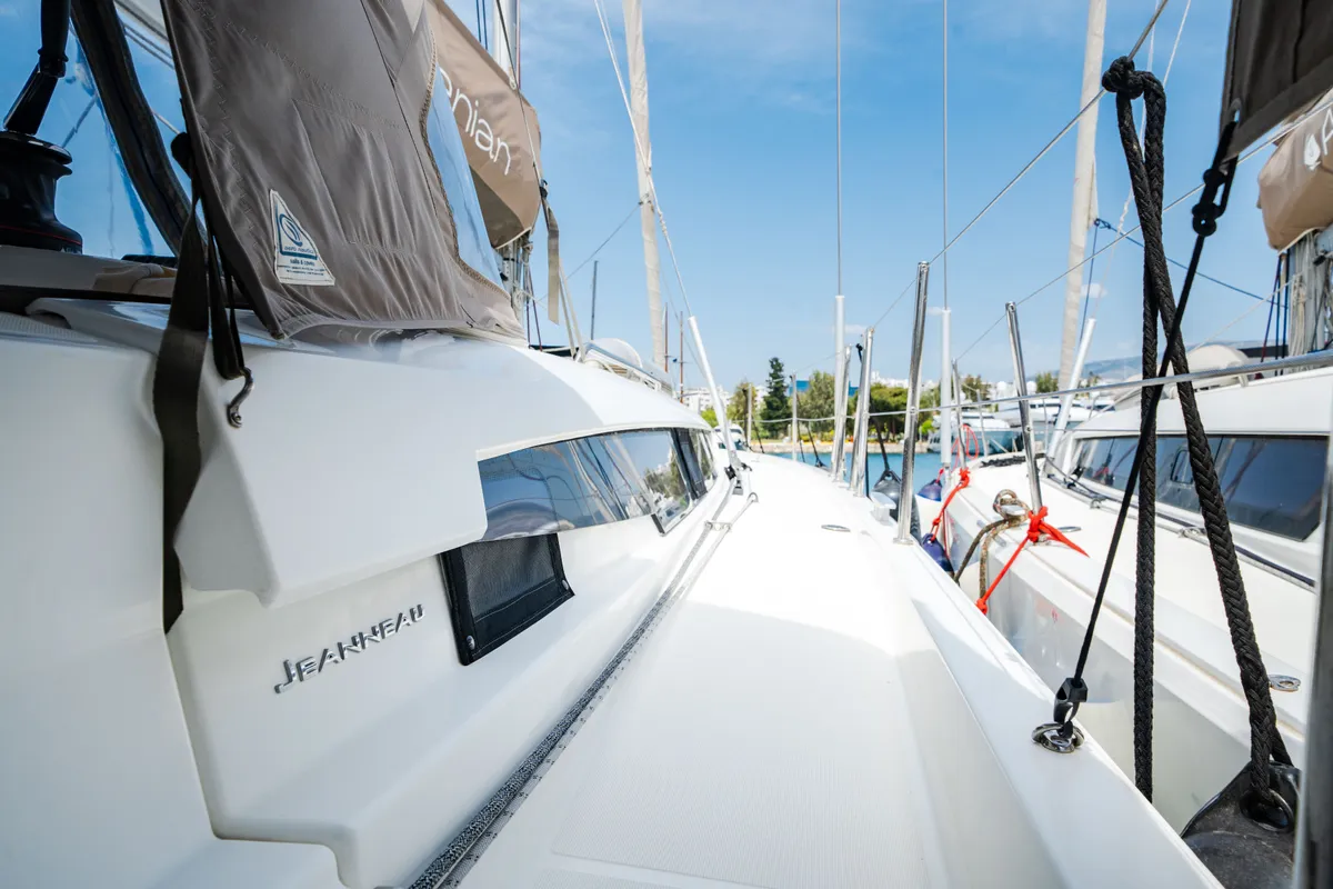 Exterior view of Calma, a Jeanneau Sun Odyssey 490 sailboat at Municipal Unit of Nea Peramos, Greece