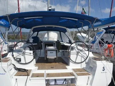 Cockpit of Franziska, a Beneteau Oceanis 48 sailboat at Cannigione, Italy