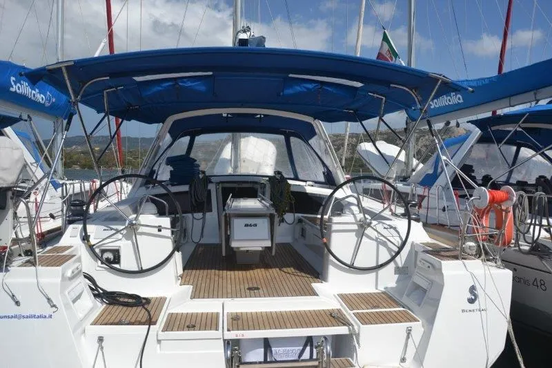 Cockpit of Franziska, a Beneteau Oceanis 48 sailboat at Cannigione, Italy