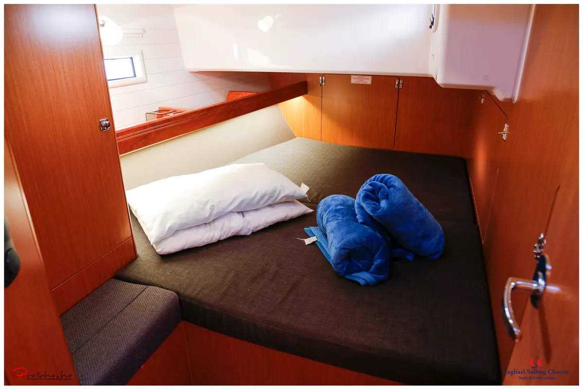 Cabin on Maladroxia, a Bavaria Cruiser 46 sailboat at Cagliari, Italy