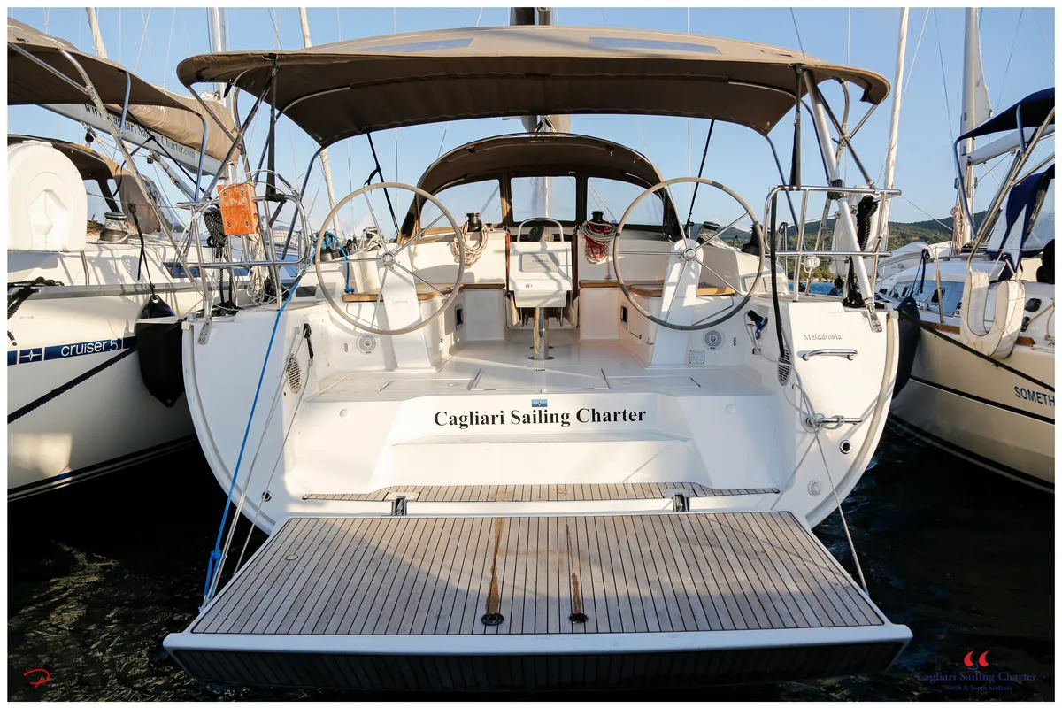 Exterior view of Maladroxia, a Bavaria Cruiser 46 sailboat at Cagliari, Italy