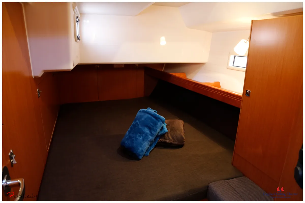 Cabin on Maladroxia, a Bavaria Cruiser 46 sailboat at Cagliari, Italy